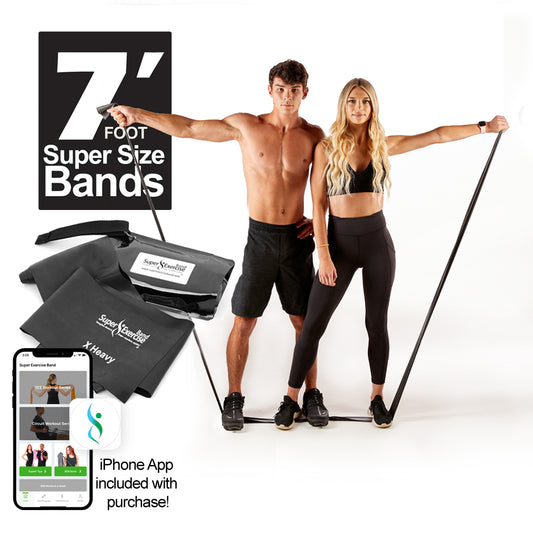 7 Ft. Resistance Band, X Heavy Strength (13 - 17 lbs. Tension), Black, Latex Free. Travel Pouch and Mini Door Anchor Included. - Super Exercise Band