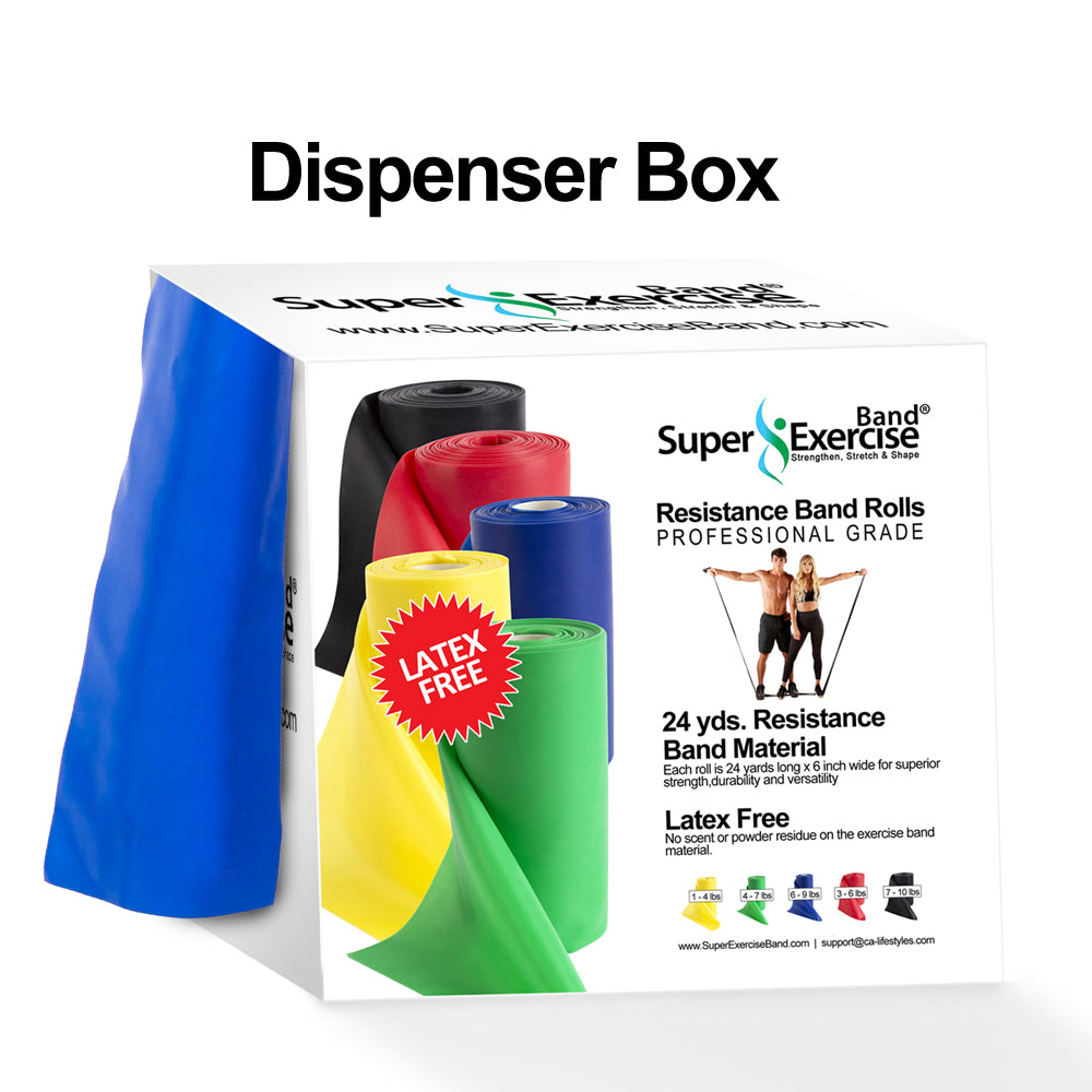 Blue 24-Yard Resistance Band Bulk Roll. Intermediate Level 2. Includes Dispenser Box. - Super Exercise Band