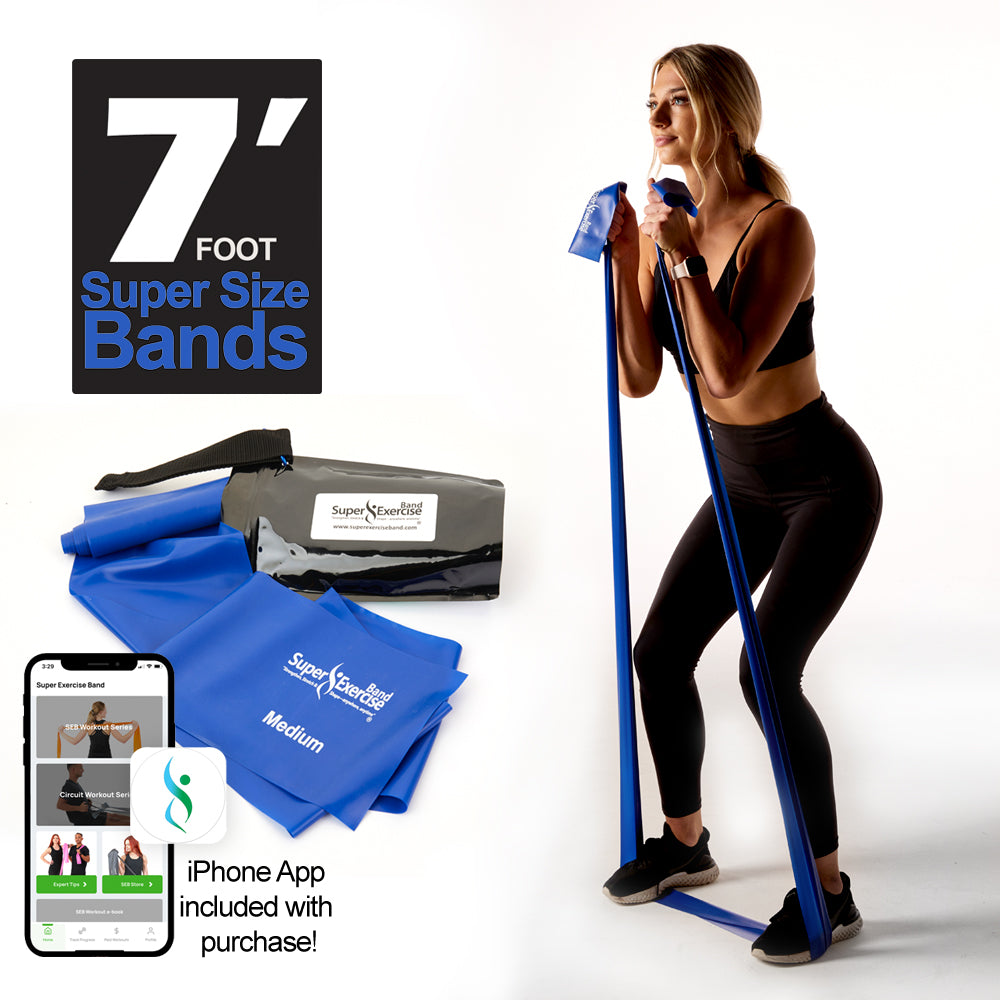 7 Ft. Resistance Band, Medium Strength (6 - 9 lbs. Tension), Blue, Latex Free. Travel Pouch and Mini Door Anchor Included. - Super Exercise Band