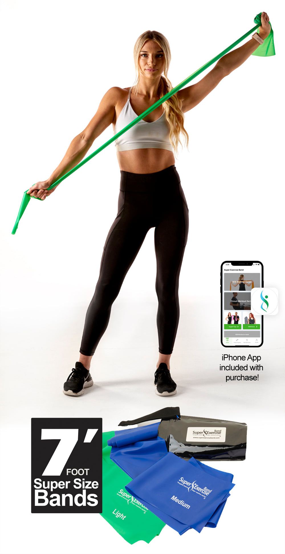 Super Exercise Band 7 ft. Resistance Bands 2 Set. Fitness Kit in Light and Medium Strength Latex Free Bands with Door Anchor, Carry Pouch, and eBook. - Super Exercise Band