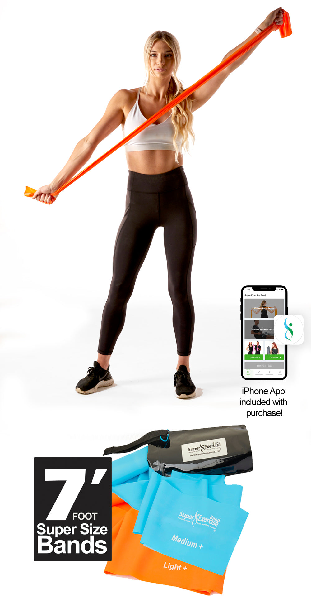 Super Exercise Band 7 ft. Resistance Bands Set of 2. Fitness Kit in Light+ and Medium+ Strength Latex Free Bands with Door Anchor, Carry Pouch & eBook - Super Exercise Band