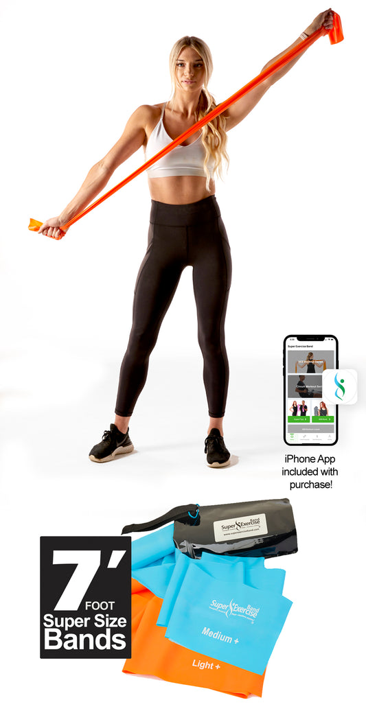 Super Exercise Band 7 ft. Resistance Bands Set of 2. Fitness Kit in Light+ and Medium+ Strength Latex Free Bands with Door Anchor, Carry Pouch & eBook - Super Exercise Band