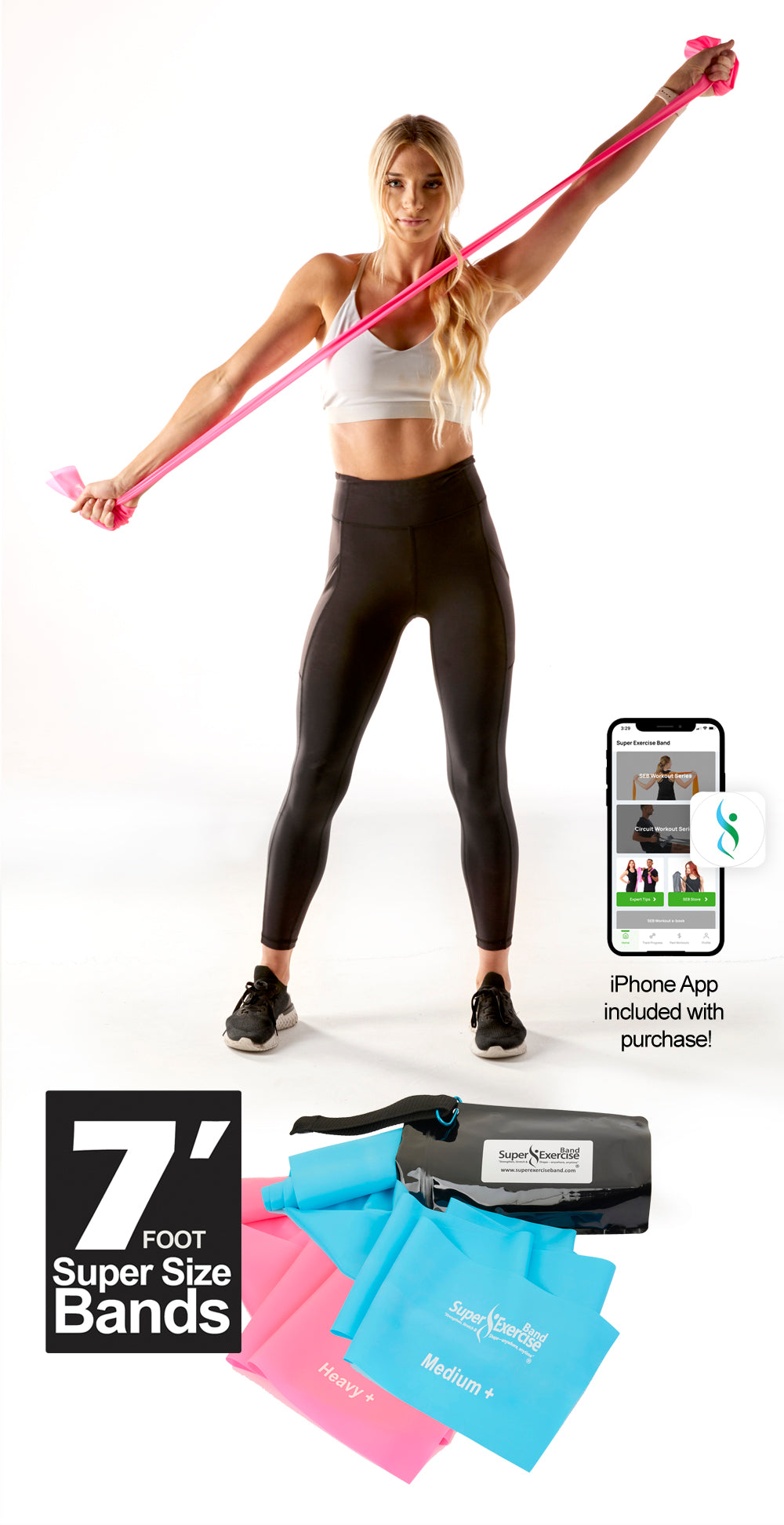Super Exercise Band 7 ft. Resistance Bands Set of 2. Fitness Kit in Medium+ and Heavy+ Strength Latex Free Bands with Door Anchor, Carry Pouch & eBook - Super Exercise Band