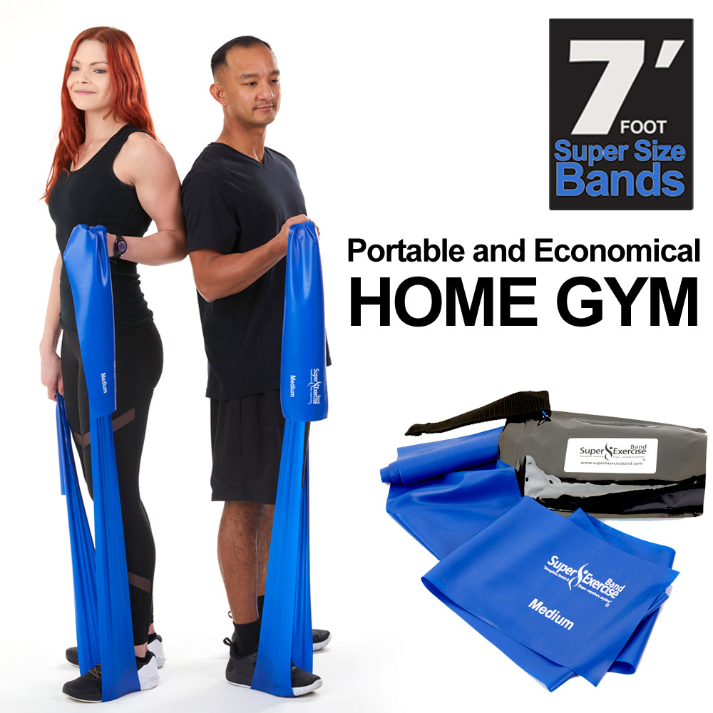 7 Ft. Resistance Band, Medium Strength (6 - 9 lbs. Tension), Blue, Latex Free. Travel Pouch and Mini Door Anchor Included. - Super Exercise Band