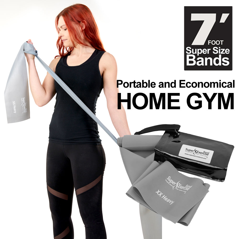 7 Ft. Resistance Band, XX Heavy Strength (16 - 22 lbs. Tension), Gray, Latex Free. Travel Pouch and Mini Door Anchor Included. - Super Exercise Band