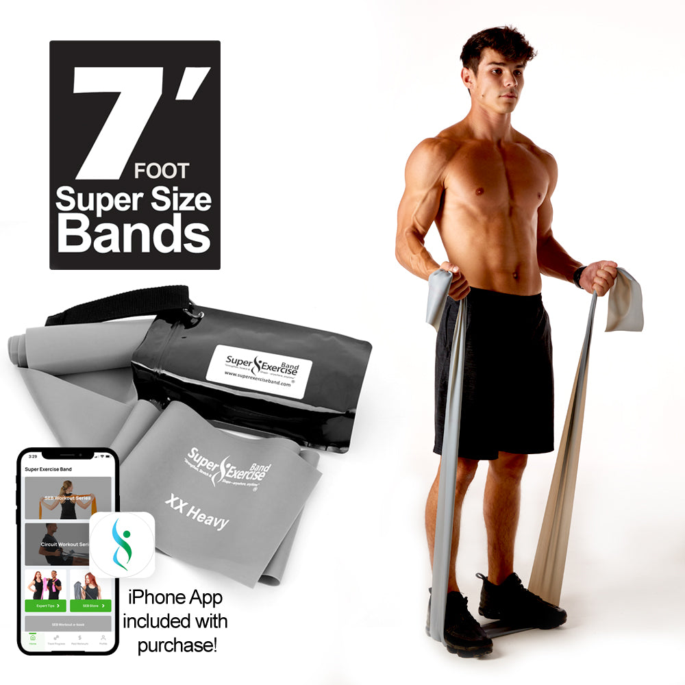 7 Ft. Resistance Band, XX Heavy Strength (16 - 22 lbs. Tension), Gray, Latex Free. Travel Pouch and Mini Door Anchor Included. - Super Exercise Band