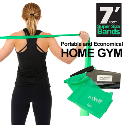 7 Ft. Resistance Band, Light Strength (3 - 6 lbs. Tension), Green, Latex Free. Travel Pouch and Mini Door Anchor Included. - Super Exercise Band