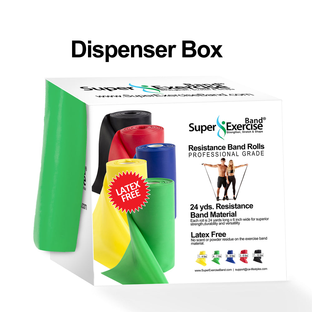 Green 24-Yard Resistance Band Bulk Roll. Intermediate Level 1. Includes Dispenser Box. - Super Exercise Band