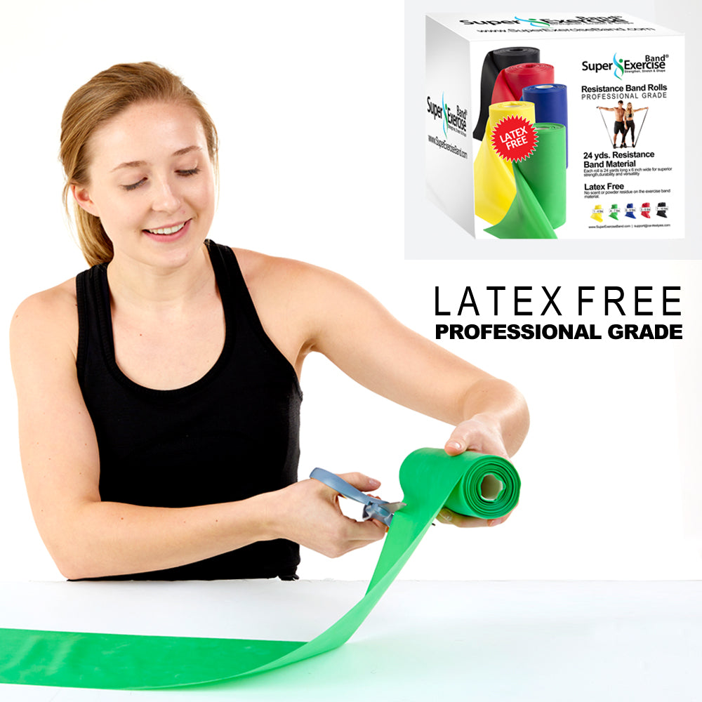 Green 24-Yard Resistance Band Bulk Roll. Intermediate Level 1. Includes Dispenser Box. - Super Exercise Band