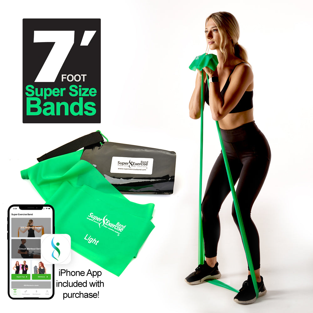 7 Ft. Resistance Band, Light Strength (3 - 6 lbs. Tension), Green, Latex Free. Travel Pouch and Mini Door Anchor Included. - Super Exercise Band