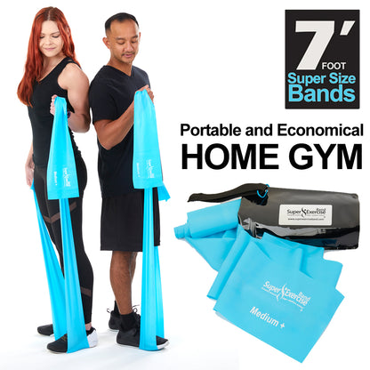 7 Ft. Resistance Band, Medium+ Strength (7 - 10 lbs. Tension), Sky Blue, Latex Free. Travel Pouch and Mini Door Anchor Included. - Super Exercise Band