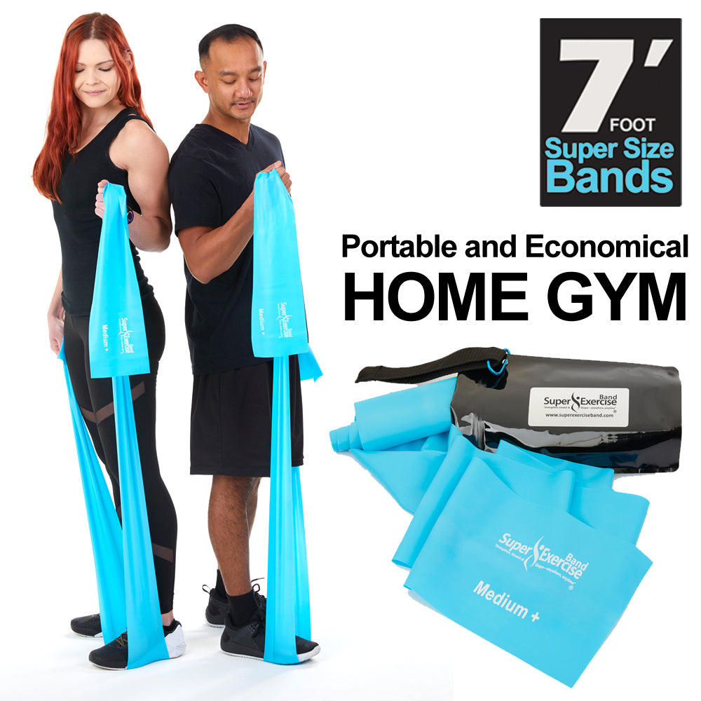 Super Exercise Band 7 ft. Resistance Bands Set of 2. Fitness Kit in Medium+ and Heavy+ Strength Latex Free Bands with Door Anchor, Carry Pouch & eBook - Super Exercise Band