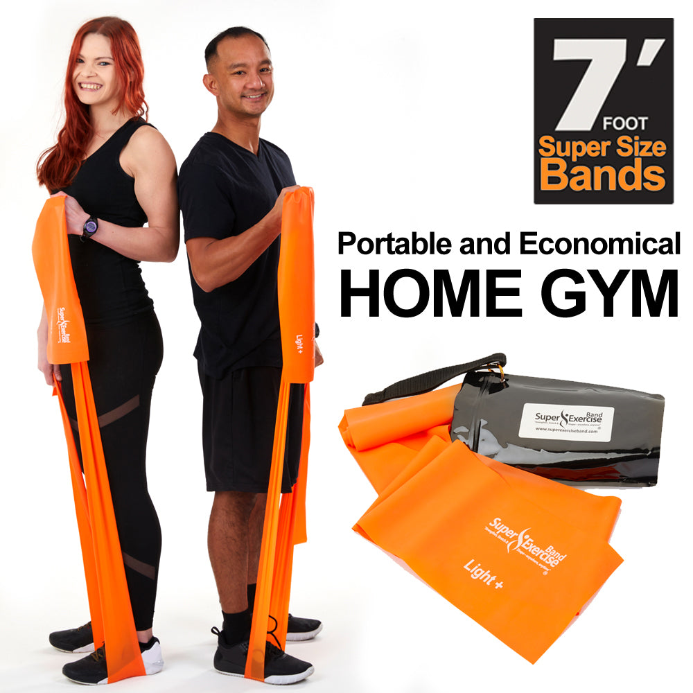 Super Exercise Band 7 ft. Resistance Bands Set of 2. Fitness Kit in Light+ and Medium+ Strength Latex Free Bands with Door Anchor, Carry Pouch & eBook - Super Exercise Band