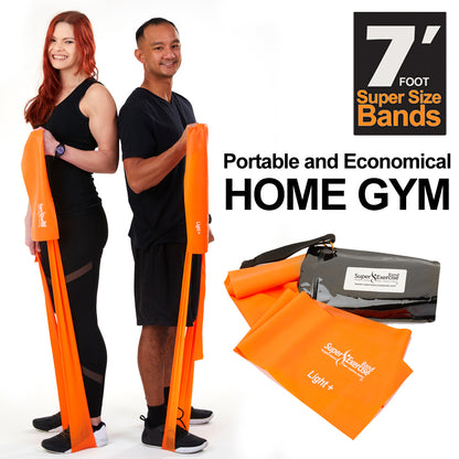 Super Exercise Band 7 ft. Resistance Bands Set of 2. Fitness Kit in Light+ and Medium+ Strength Latex Free Bands with Door Anchor, Carry Pouch & eBook - Super Exercise Band