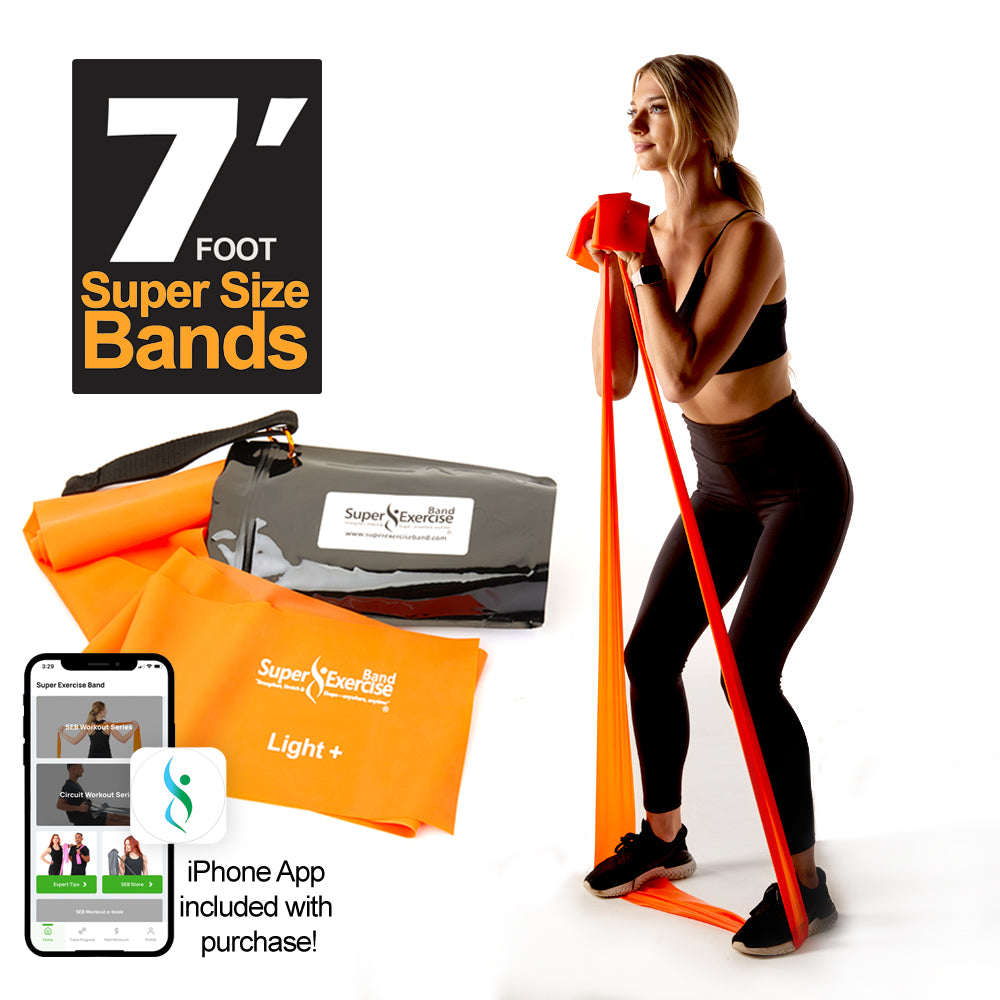 7 Ft. Resistance Band, Light+ Strength (4 - 7 lbs. Tension), Orange, Latex Free. Travel Pouch and Mini Door Anchor Included. - Super Exercise Band