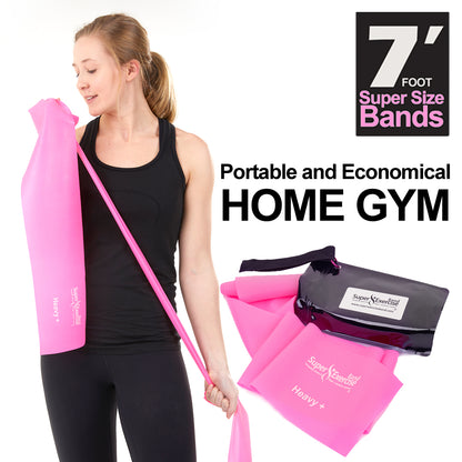 7 Ft. Resistance Band, Heavy+ Strength (11 - 14 lbs. Tension), Pink, Latex Free. Travel Pouch and Mini Door Anchor Included. - Super Exercise Band