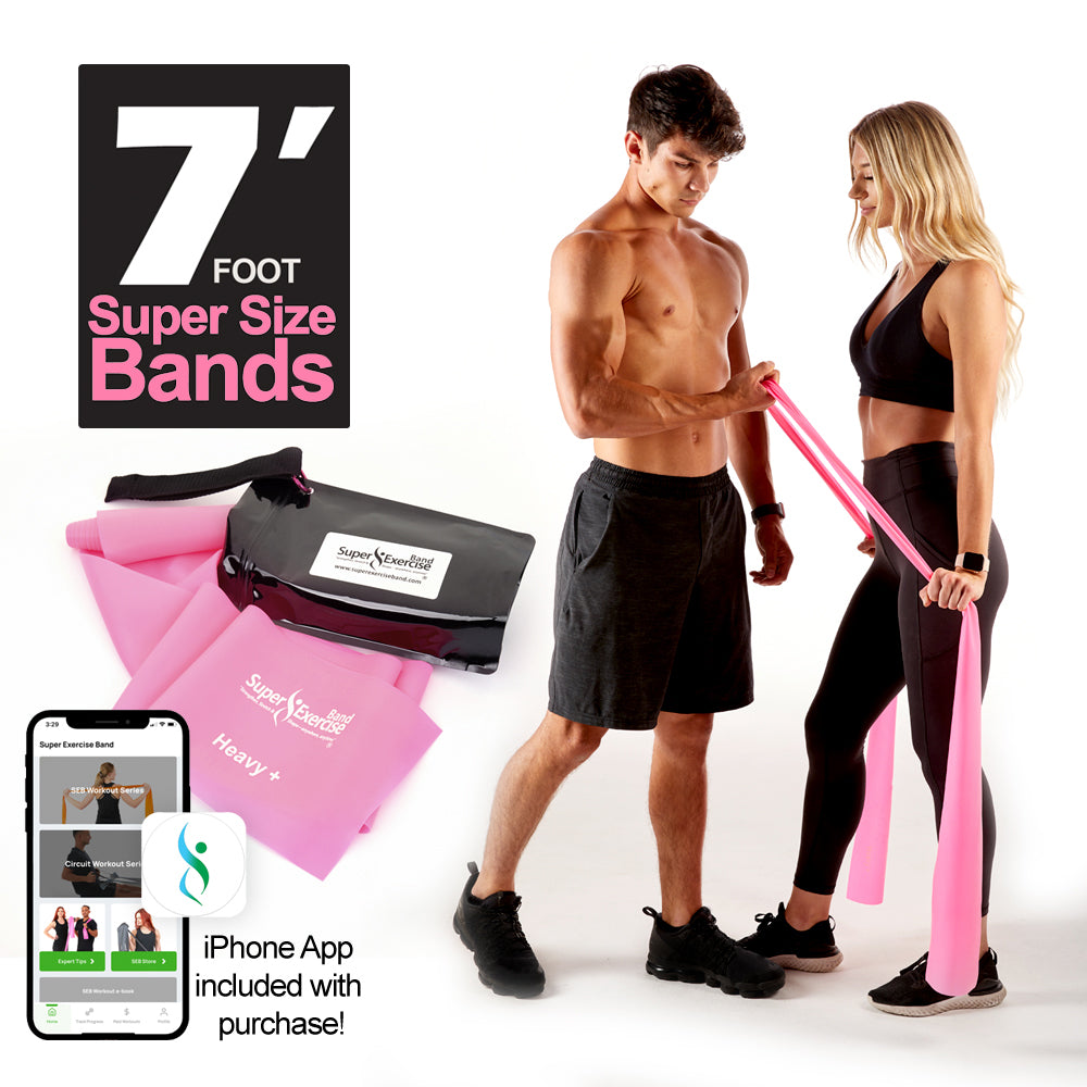 7 Ft. Resistance Band, Heavy+ Strength (11 - 14 lbs. Tension), Pink, Latex Free. Travel Pouch and Mini Door Anchor Included. - Super Exercise Band
