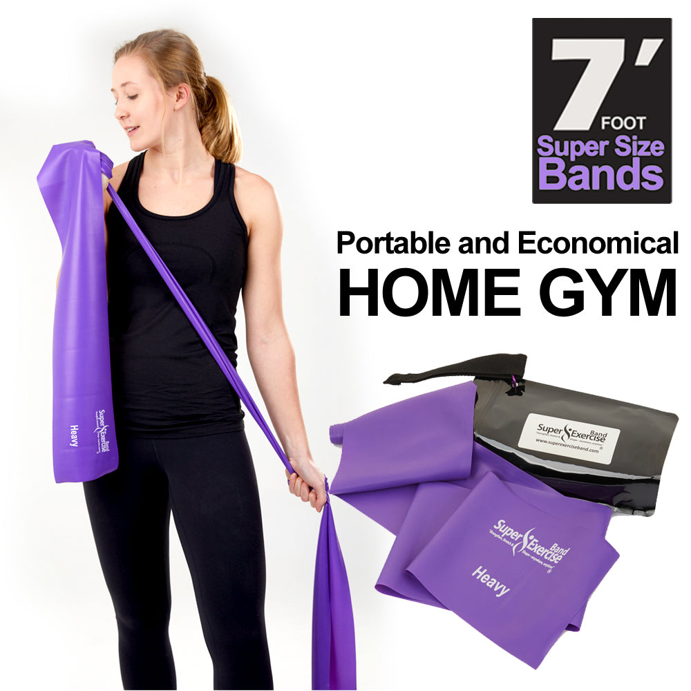 7 Ft. Resistance Band, Heavy Strength (10 - 13 lbs. Tension), Purple, Latex Free. Travel Pouch and Mini Door Anchor Included. - Super Exercise Band