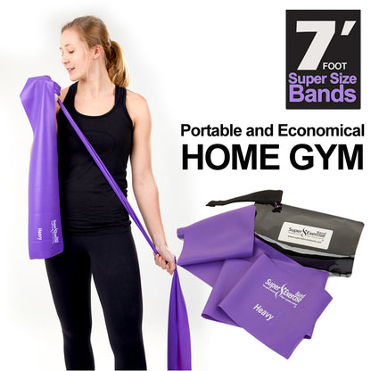 7 Ft. Resistance Band, Heavy Strength (10 - 13 lbs. Tension), Purple, Latex Free. Travel Pouch and Mini Door Anchor Included. - Super Exercise Band