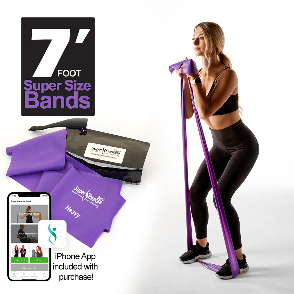 7 Ft. Resistance Band, Heavy Strength (10 - 13 lbs. Tension), Purple, Latex Free. Travel Pouch and Mini Door Anchor Included. - Super Exercise Band