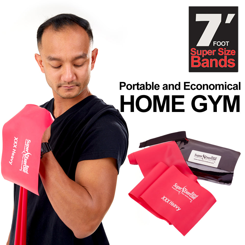 7 Ft. Resistance Band, XXX Heavy Strength (19 - 26 lbs. Tension), Red, Latex Free. Travel Pouch and Mini Door Anchor Included. - Super Exercise Band