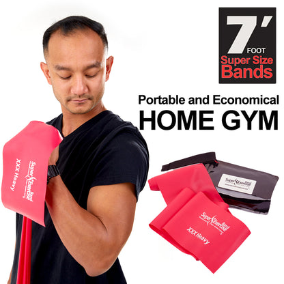 7 Ft. Resistance Band, XXX Heavy Strength (19 - 26 lbs. Tension), Red, Latex Free. Travel Pouch and Mini Door Anchor Included. - Super Exercise Band