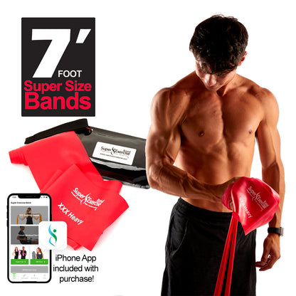 7 Ft. Resistance Band, XXX Heavy Strength (19 - 26 lbs. Tension), Red, Latex Free. Travel Pouch and Mini Door Anchor Included. - Super Exercise Band