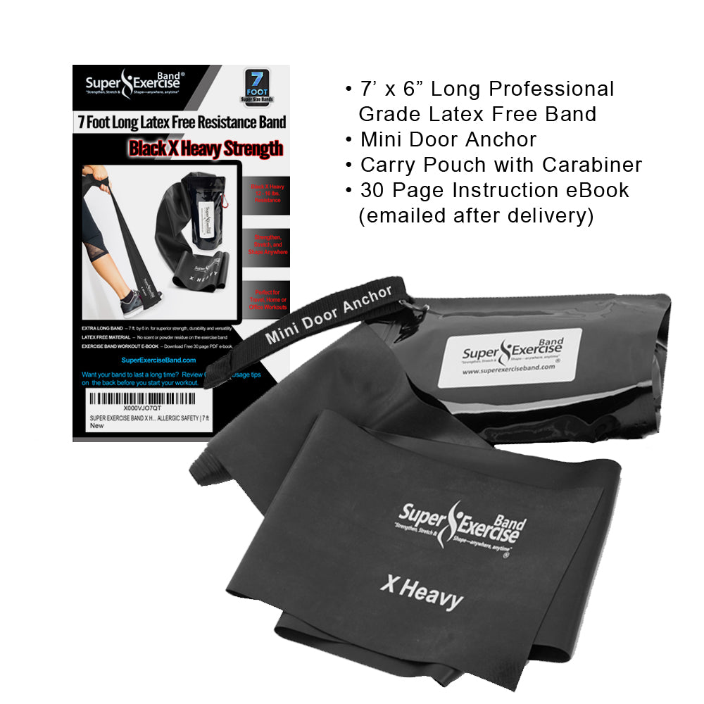 7 Ft. Resistance Band, X Heavy Strength (13 - 17 lbs. Tension), Black, Latex Free. Travel Pouch and Mini Door Anchor Included. - Super Exercise Band