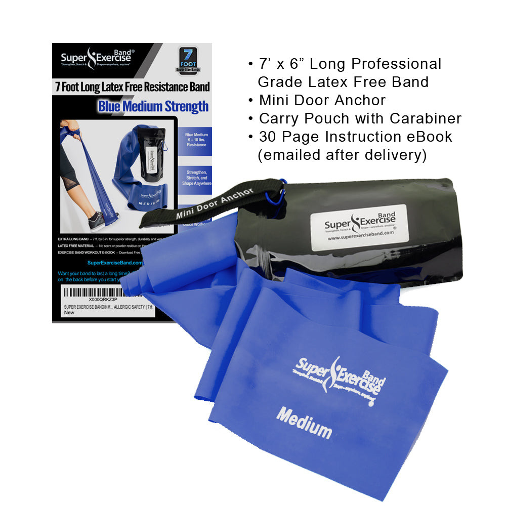 7 Ft. Resistance Band, Medium Strength (6 - 9 lbs. Tension), Blue, Latex Free. Travel Pouch and Mini Door Anchor Included. - Super Exercise Band