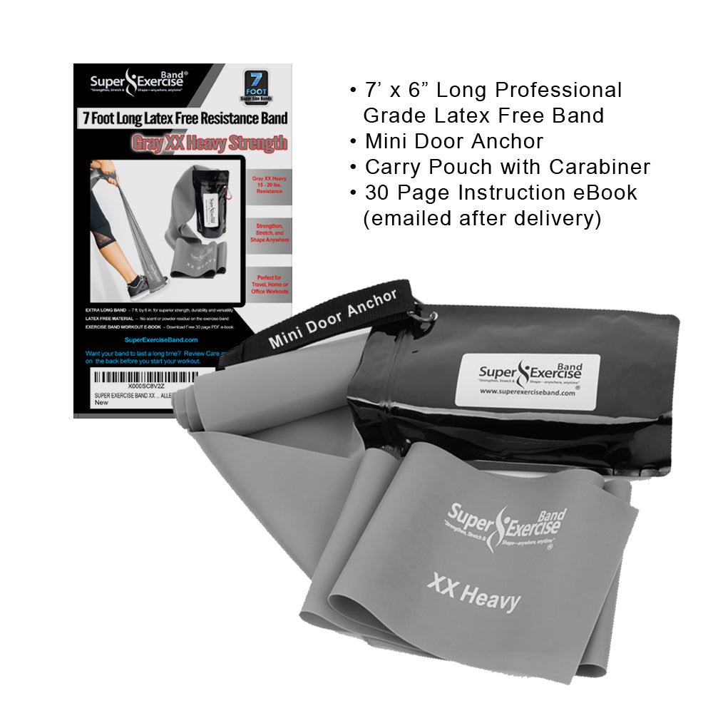 7 Ft. Resistance Band, XX Heavy Strength (16 - 22 lbs. Tension), Gray, Latex Free. Travel Pouch and Mini Door Anchor Included. - Super Exercise Band