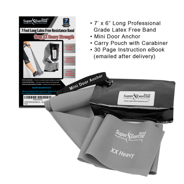 7 Ft. Resistance Band, XX Heavy Strength (16 - 22 lbs. Tension), Gray, Latex Free. Travel Pouch and Mini Door Anchor Included.