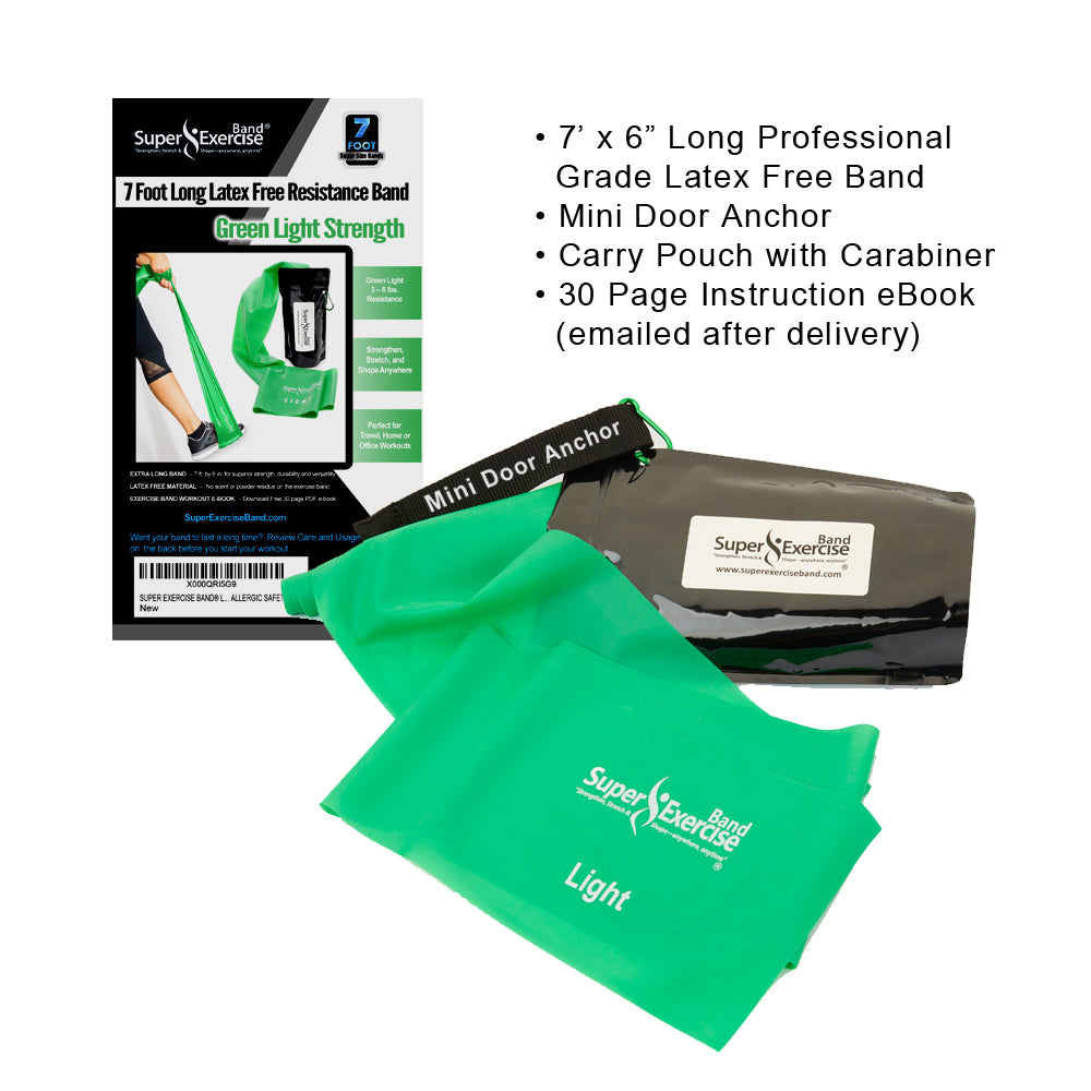 7 Ft. Resistance Band, Light Strength (3 - 6 lbs. Tension), Green, Latex Free. Travel Pouch and Mini Door Anchor Included. - Super Exercise Band
