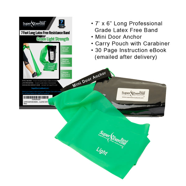 7 Ft. Resistance Band, Light Strength (3 - 6 lbs. Tension), Green, Latex Free. Travel Pouch and Mini Door Anchor Included.