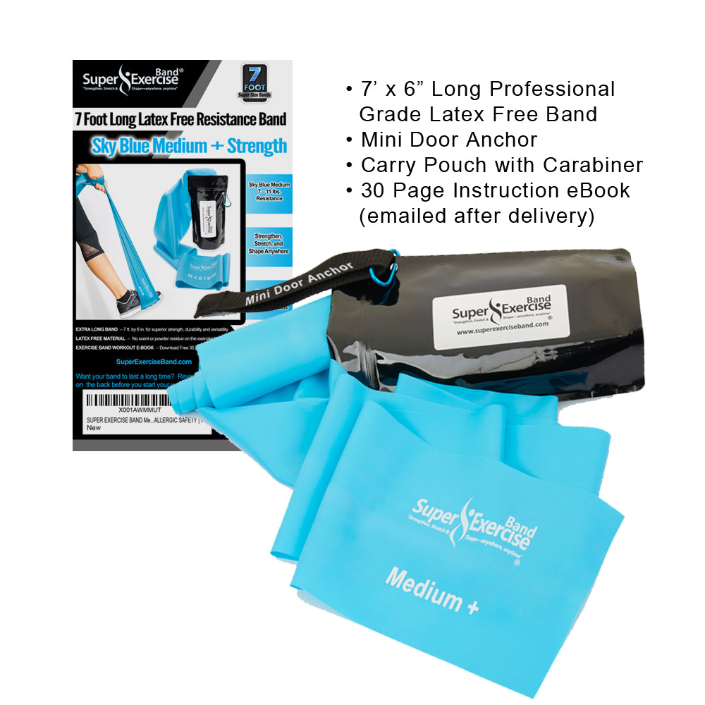 7 Ft. Resistance Band, Medium+ Strength (7 - 10 lbs. Tension), Sky Blue, Latex Free. Travel Pouch and Mini Door Anchor Included. - Super Exercise Band