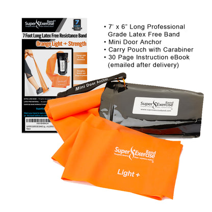 7 Ft. Resistance Band, Light+ Strength (4 - 7 lbs. Tension), Orange, Latex Free. Travel Pouch and Mini Door Anchor Included. - Super Exercise Band