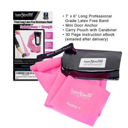 7 Ft. Resistance Band, Heavy+ Strength (11 - 14 lbs. Tension), Pink, Latex Free. Travel Pouch and Mini Door Anchor Included. - Super Exercise Band