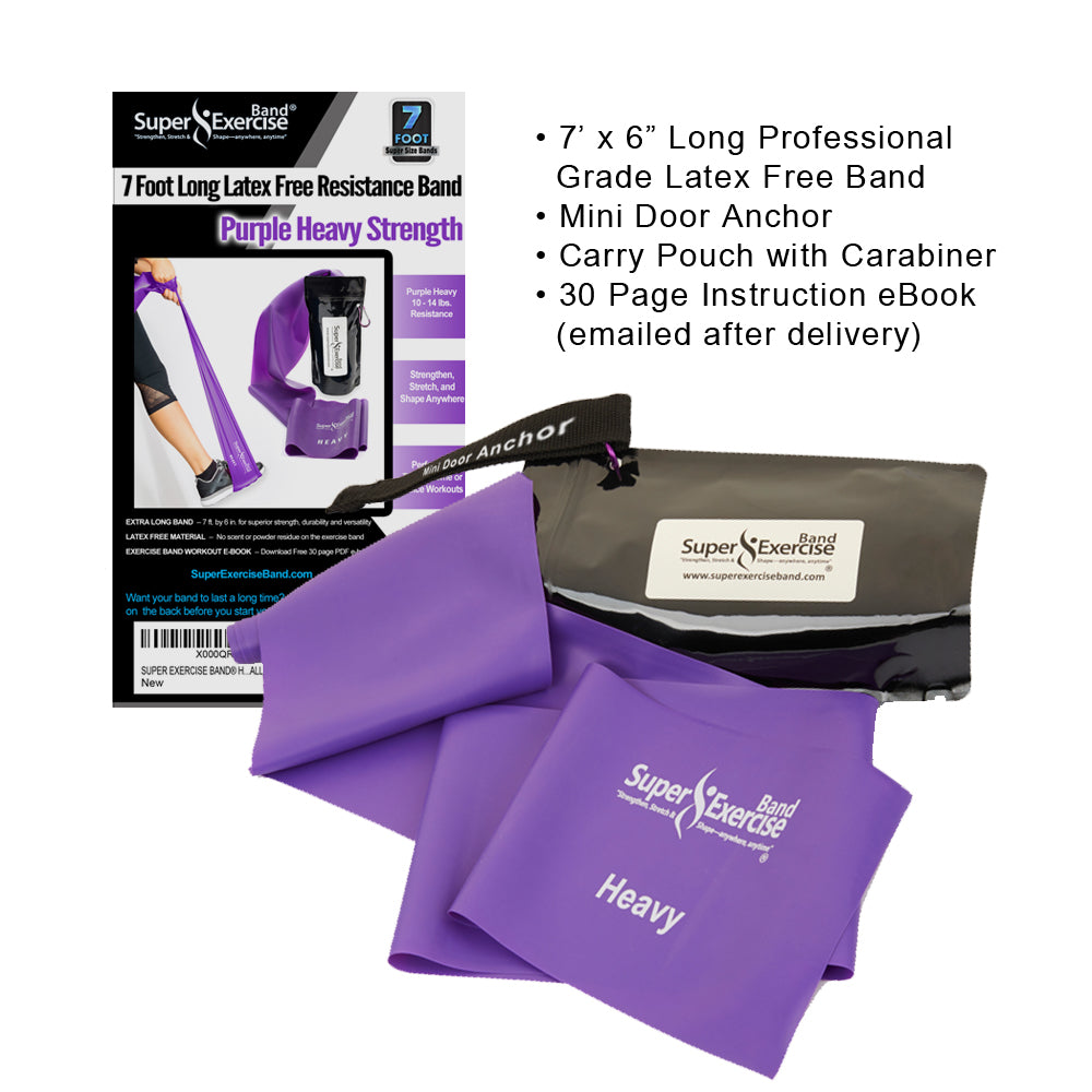 7 Ft. Resistance Band, Heavy Strength (10 - 13 lbs. Tension), Purple, Latex Free. Travel Pouch and Mini Door Anchor Included. - Super Exercise Band