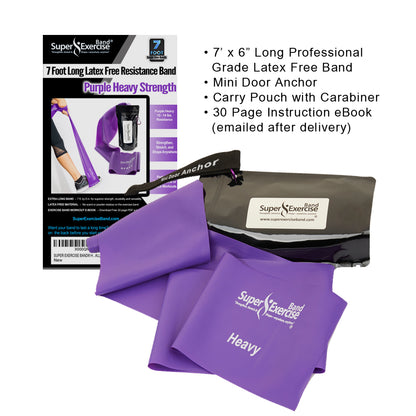 7 Ft. Resistance Band, Heavy Strength (10 - 13 lbs. Tension), Purple, Latex Free. Travel Pouch and Mini Door Anchor Included. - Super Exercise Band