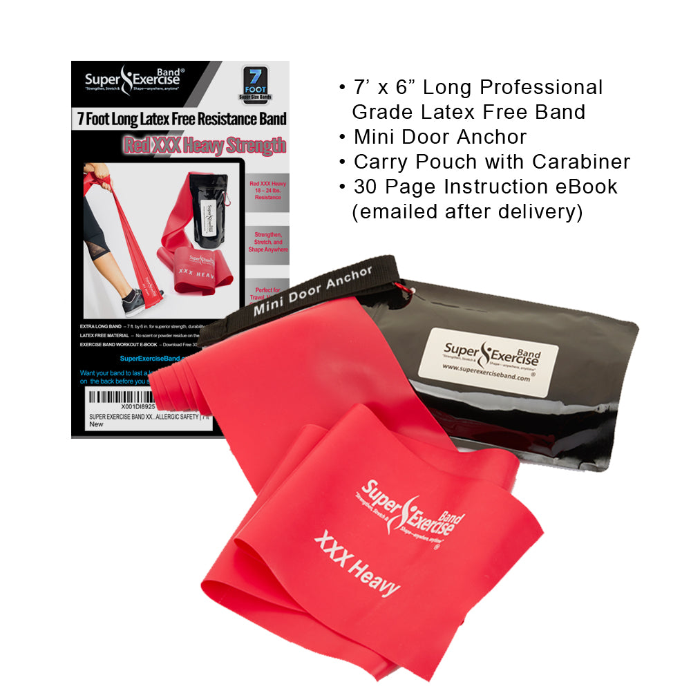 7 Ft. Resistance Band, XXX Heavy Strength (19 - 26 lbs. Tension), Red, Latex Free. Travel Pouch and Mini Door Anchor Included. - Super Exercise Band