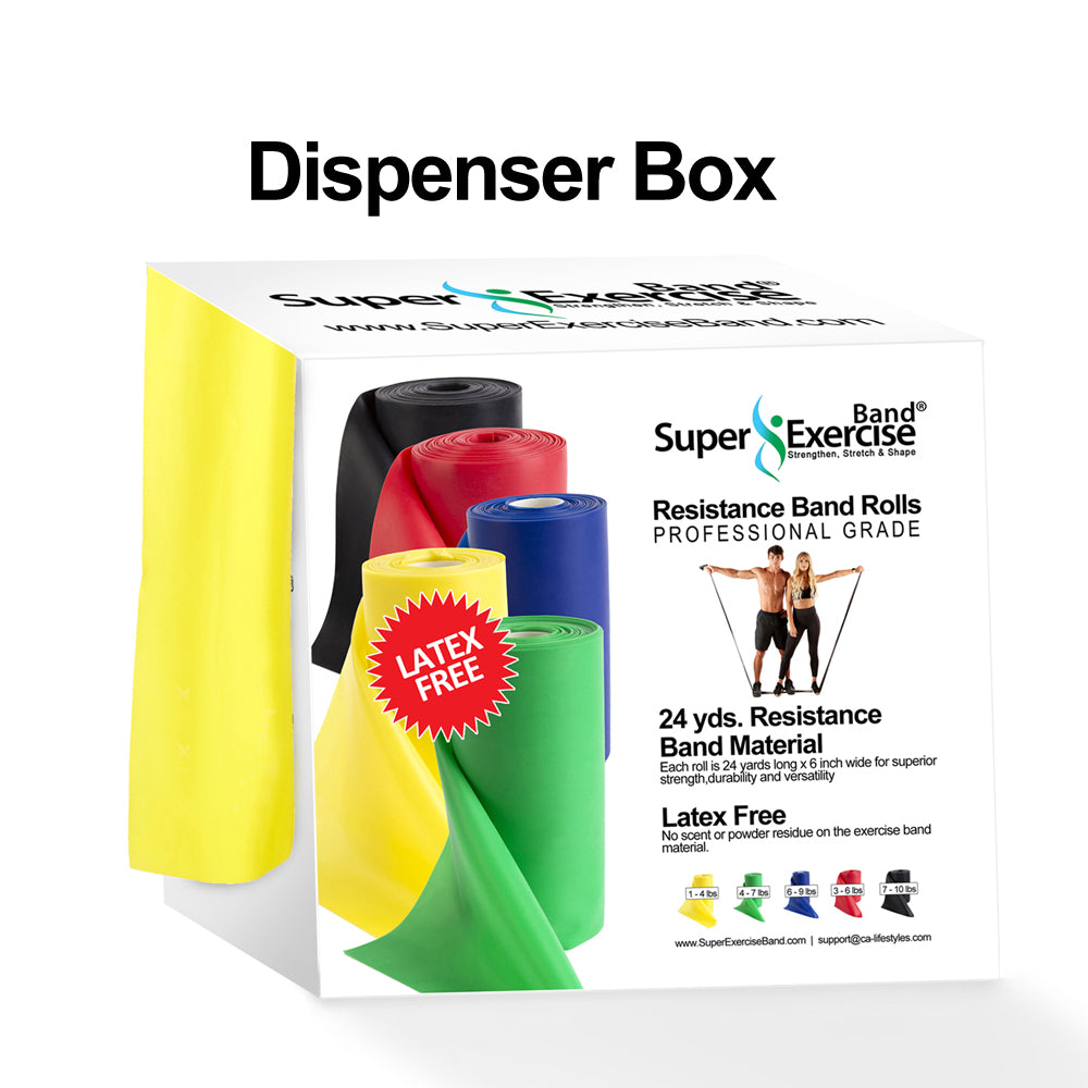 Yellow 24-Yard Resistance Band Bulk Roll. Beginner Level 1. Includes Dispenser Box. - Super Exercise Band