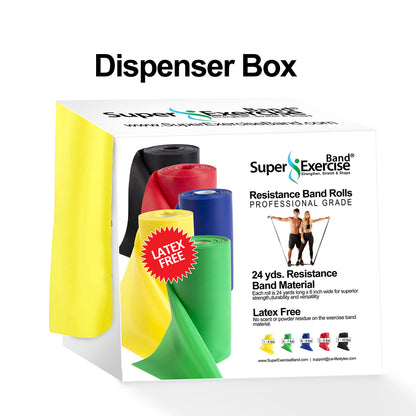 Yellow 24-Yard Resistance Band Bulk Roll. Beginner Level 1. Includes Dispenser Box. - Super Exercise Band