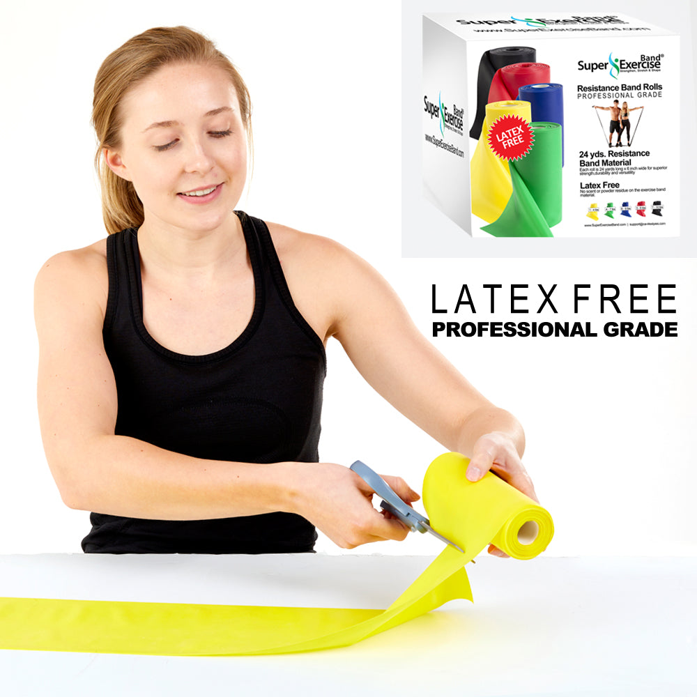 Yellow 24-Yard Resistance Band Bulk Roll. Beginner Level 1. Includes Dispenser Box. - Super Exercise Band