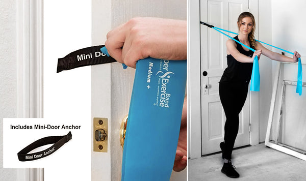 7 Ft. Resistance Band, Medium Strength (6 - 9 lbs. Tension), Blue, Latex Free. Travel Pouch and Mini Door Anchor Included.